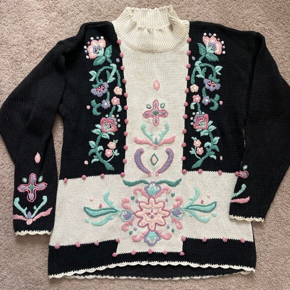 Ninon de Lenclos Sweaters - Vintage 80s Ninon de Lenclos Women’s Large Floral 3D Knit Mock neck Embroidered